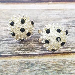 Unique puff ball silver and black earrings